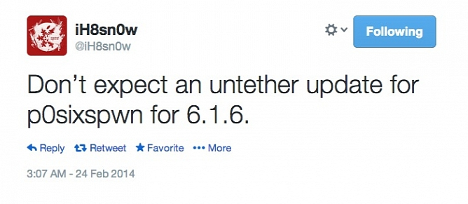 iH8sn0w: there will be no jailbreak for iOS 6.1.6 2 ihatesnow