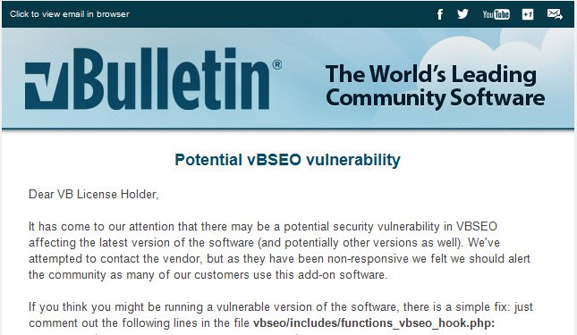 Η vBulletin προειδοποιεί για ευπάθεια στο vBSEO 1 vBulletin Warn