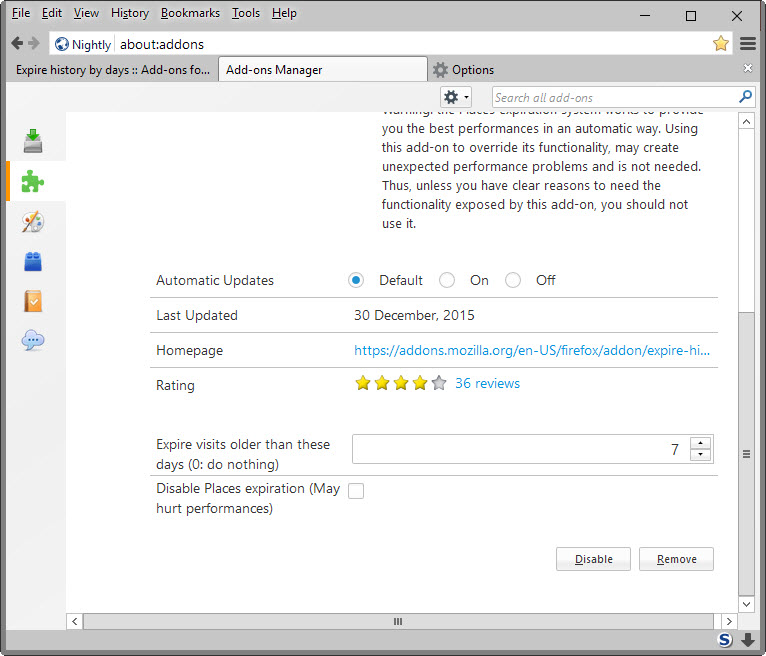 Firefox: Automatically delete browsing history after X days! 2 expire history by days1