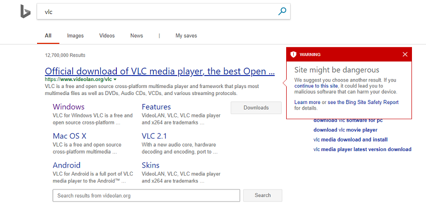 VLC Media Player: The program's website is malicious according to Bing 2 VLC Media Player: The program's website is malicious according to Bing