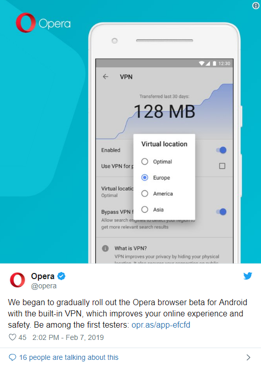 Opera Browser: Free VPN for Android now available! 2 Opera Browser: Free VPN for Android now available!