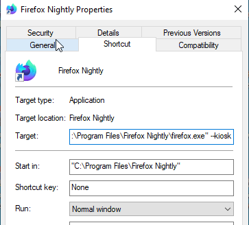 Firefox 71 Nightly προσθήκη λειτουργίας Kiosk