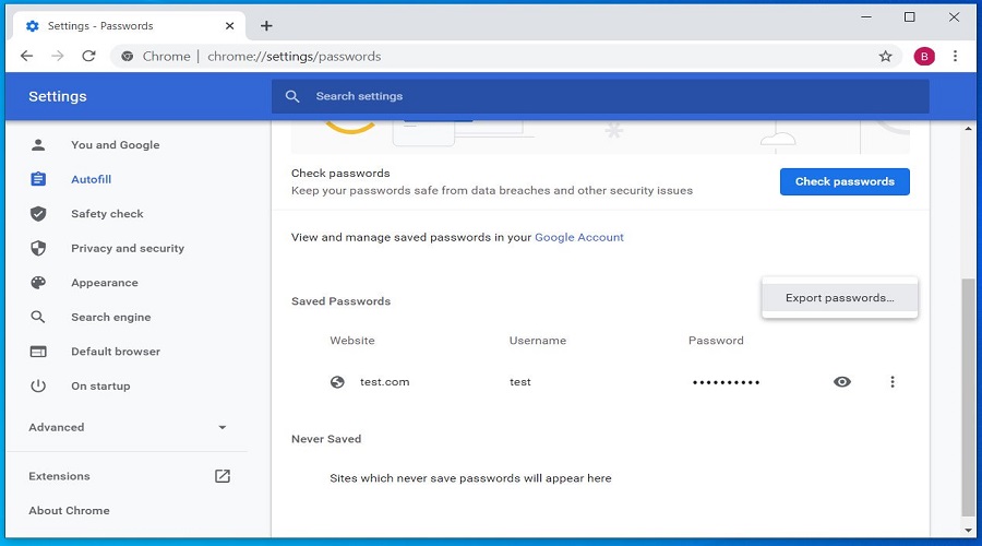 Google Chrome: Import, export and backup saved passwords 5 export