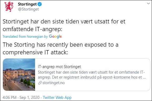 Hackers "hit" the Norwegian Parliament and stole data! 2 Norwegian Parliament hackers- tweet