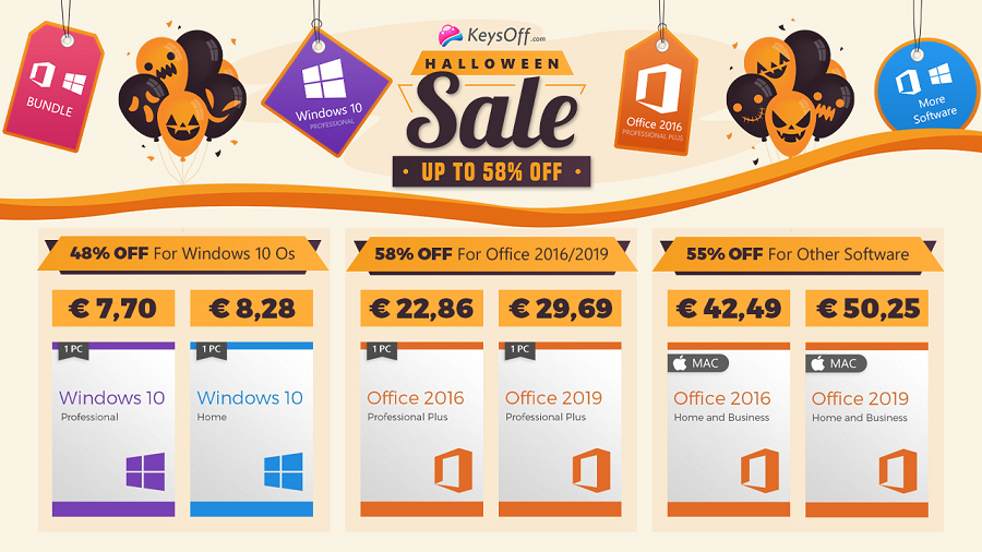 Halloween προσφορές Windows 10 pro με 5,8€ Office 2016 Pro με 22,86€