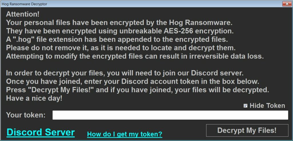 The new Hog ransomware decrypts victim files only if they connect to the developer's Discord server 3 New Hog ransomware decrypts victims' files only if they connect to its developer's Discord server
