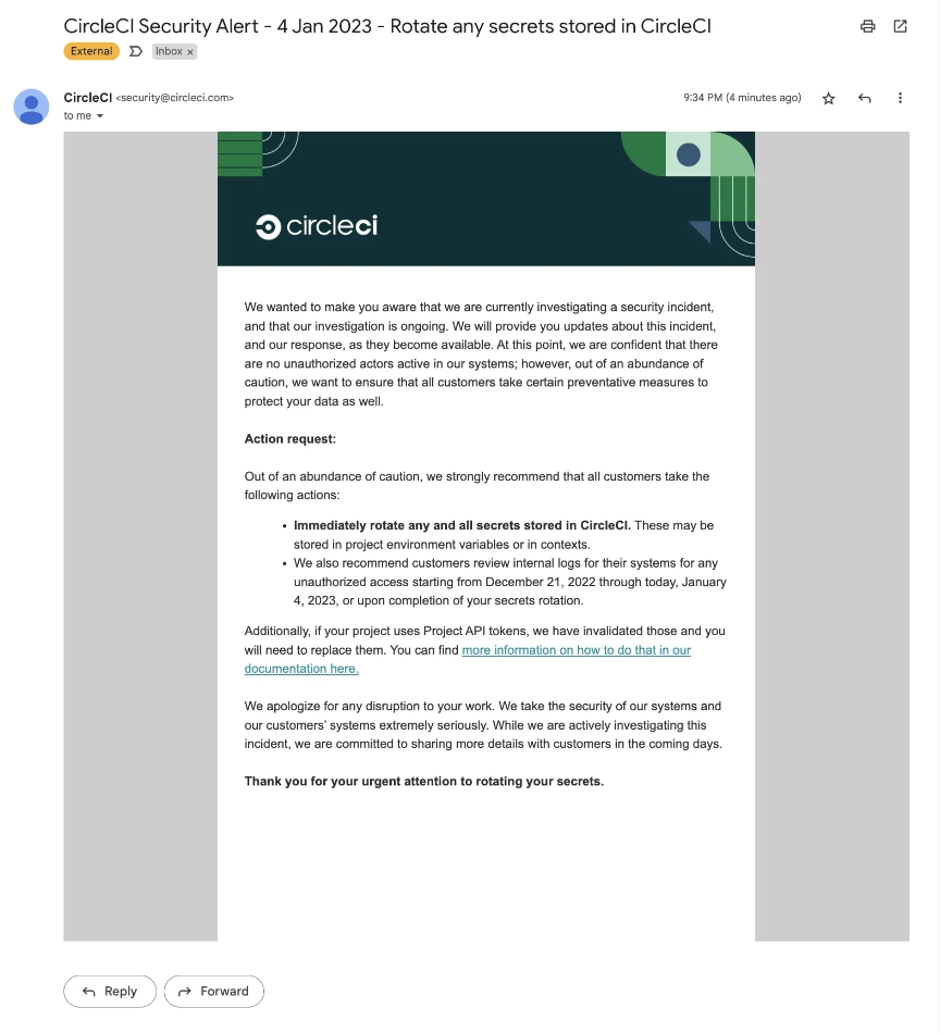 Η CircleCI εξέδωσε προειδοποίηση για παραβίαση ασφάλειας 2 Η CircleCI εξέδωσε προειδοποίηση για παραβίαση ασφάλειας