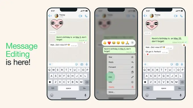 Το WhatsApp σας επιτρέπει πλέον να επεξεργάζεστε μηνύματα με χρονικό όριο 15 λεπτών