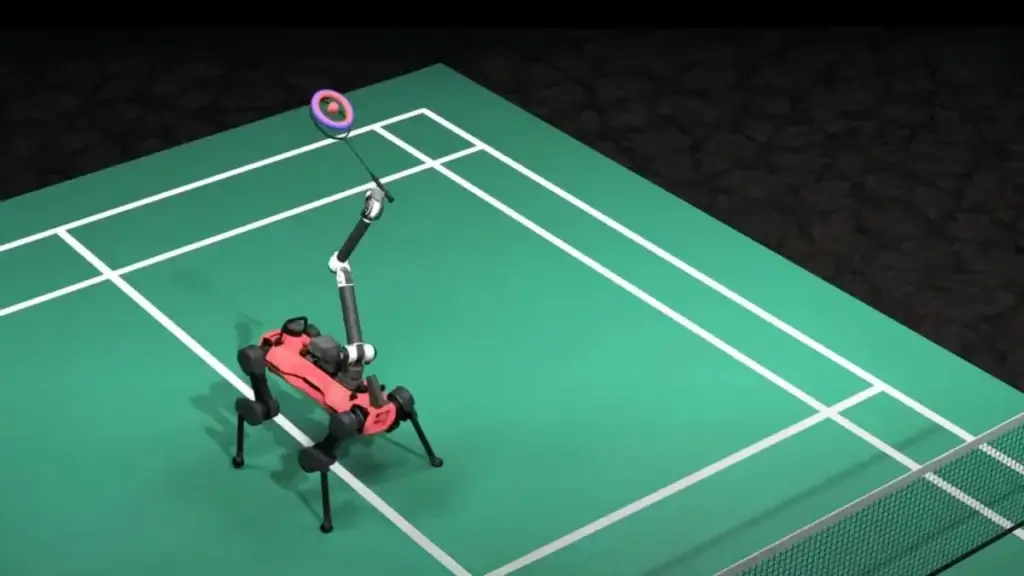 The robot dog ANYmal plays badminton against three humans ANYmal robot dog plays badminton against humans