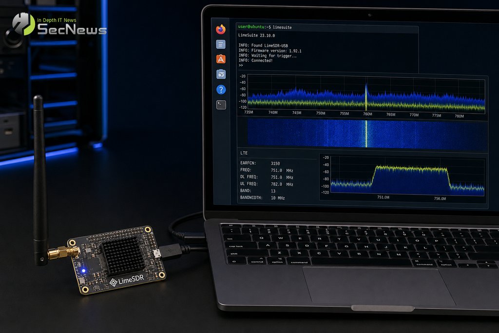 LimeSDR software defined radio connected to a laptop for LTE reconnaissance